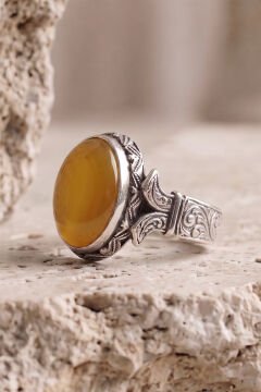 Oval Katre Model Sarı Akik Taşlı Gümüş Erkek Yüzük