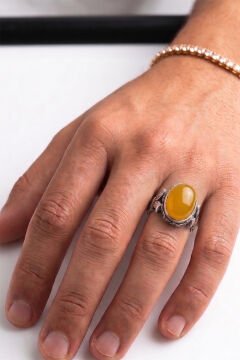 Oval Katre Model Sarı Akik Taşlı Gümüş Erkek Yüzük