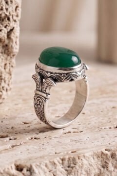 Oval Katre Model Yeşil Akik Taşlı Gümüş Erkek Yüzük