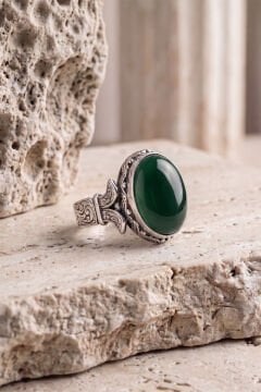 Oval Katre Model Yeşil Akik Taşlı Gümüş Erkek Yüzük