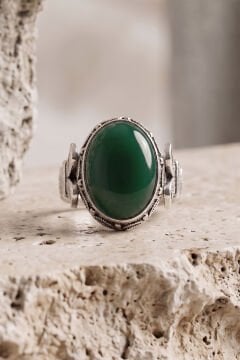 Oval Katre Model Yeşil Akik Taşlı Gümüş Erkek Yüzük