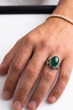Oval Katre Model Yeşil Akik Taşlı Gümüş Erkek Yüzük