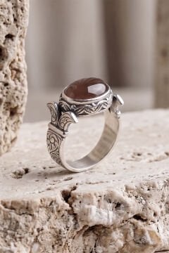 Yan Oval Katre Model Akik Taşlı Gümüş Erkek Yüzük