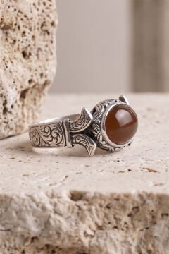 Yan Oval Katre Model Akik Taşlı Gümüş Erkek Yüzük