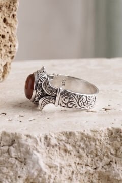 Yan Oval Katre Model Akik Taşlı Gümüş Erkek Yüzük