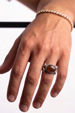 Yan Oval Katre Model Akik Taşlı Gümüş Erkek Yüzük