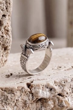 Yan Oval Katre Model Kaplangözü Taşlı Gümüş Erkek Yüzük