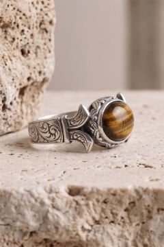 Yan Oval Katre Model Kaplangözü Taşlı Gümüş Erkek Yüzük