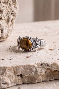 Yan Oval Katre Model Kaplangözü Taşlı Gümüş Erkek Yüzük