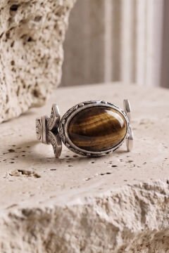 Yan Oval Katre Model Kaplangözü Taşlı Gümüş Erkek Yüzük