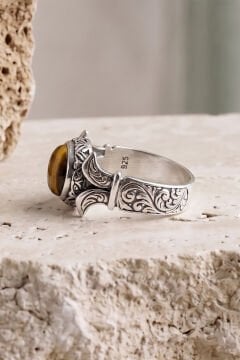 Yan Oval Katre Model Kaplangözü Taşlı Gümüş Erkek Yüzük