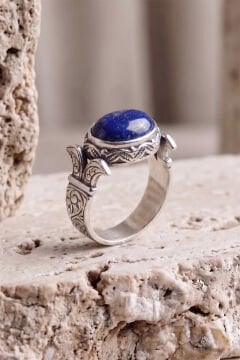 Yan Oval Katre Model Lapis Lazuli Taşlı Gümüş Erkek Yüzük