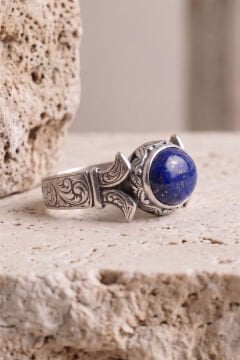 Yan Oval Katre Model Lapis Lazuli Taşlı Gümüş Erkek Yüzük