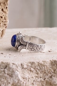 Yan Oval Katre Model Lapis Lazuli Taşlı Gümüş Erkek Yüzük