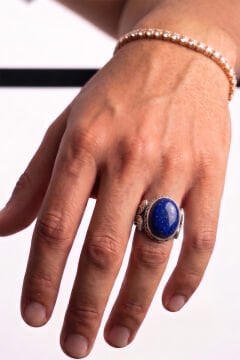 Yan Oval Katre Model Lapis Lazuli Taşlı Gümüş Erkek Yüzük