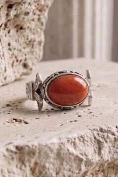 Yan Oval Katre Model Mercan Taşlı Gümüş Erkek Yüzük