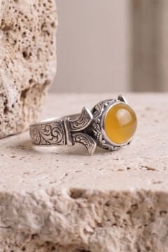 Yan Oval Katre Model Sarı Akik Taşlı Gümüş Erkek Yüzük