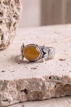 Yan Oval Katre Model Sarı Akik Taşlı Gümüş Erkek Yüzük