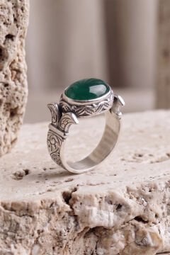 Yan Oval Katre Model Yeşil Akik Taşlı Gümüş Erkek Yüzük