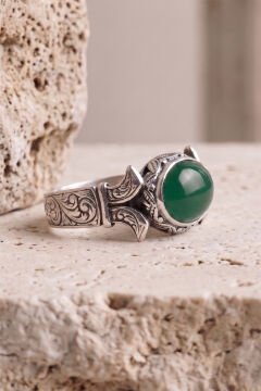 Yan Oval Katre Model Yeşil Akik Taşlı Gümüş Erkek Yüzük