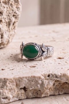 Yan Oval Katre Model Yeşil Akik Taşlı Gümüş Erkek Yüzük