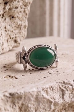 Yan Oval Katre Model Yeşil Akik Taşlı Gümüş Erkek Yüzük