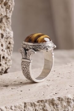 Katre Model Kaplangözü Taşlı Gümüş Erkek Yüzük