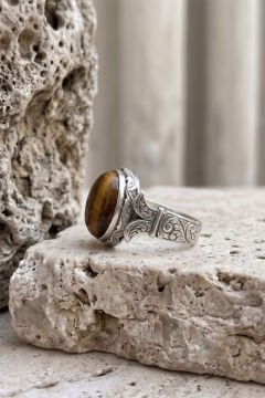 Katre Model Kaplangözü Taşlı Gümüş Erkek Yüzük