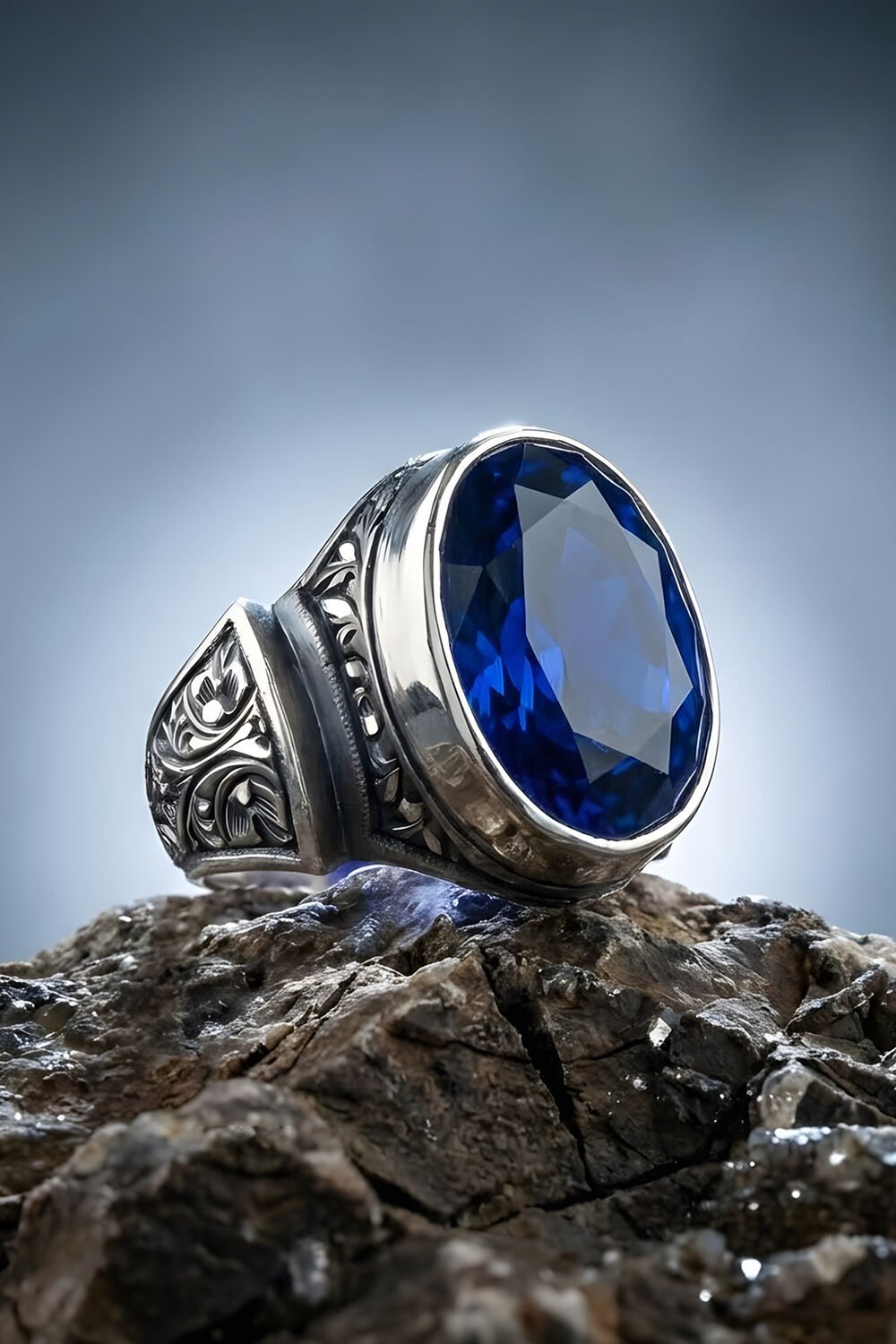 Erzurum Kalem İşçiliği Sultan Model Safir Zirkon Taşlı Erkek Yüzük