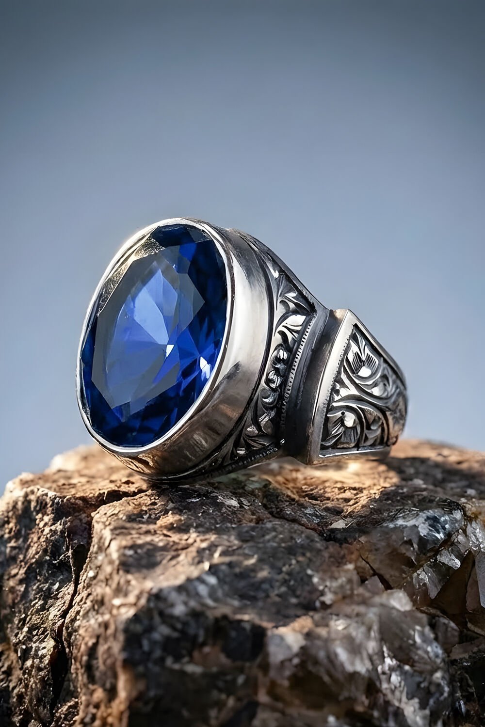 Erzurum Kalem İşçiliği Sultan Model Safir Zirkon Taşlı Erkek Yüzük