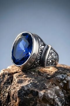 Erzurum Kalem İşçiliği Sultan Model Safir Zirkon Taşlı Erkek Yüzük
