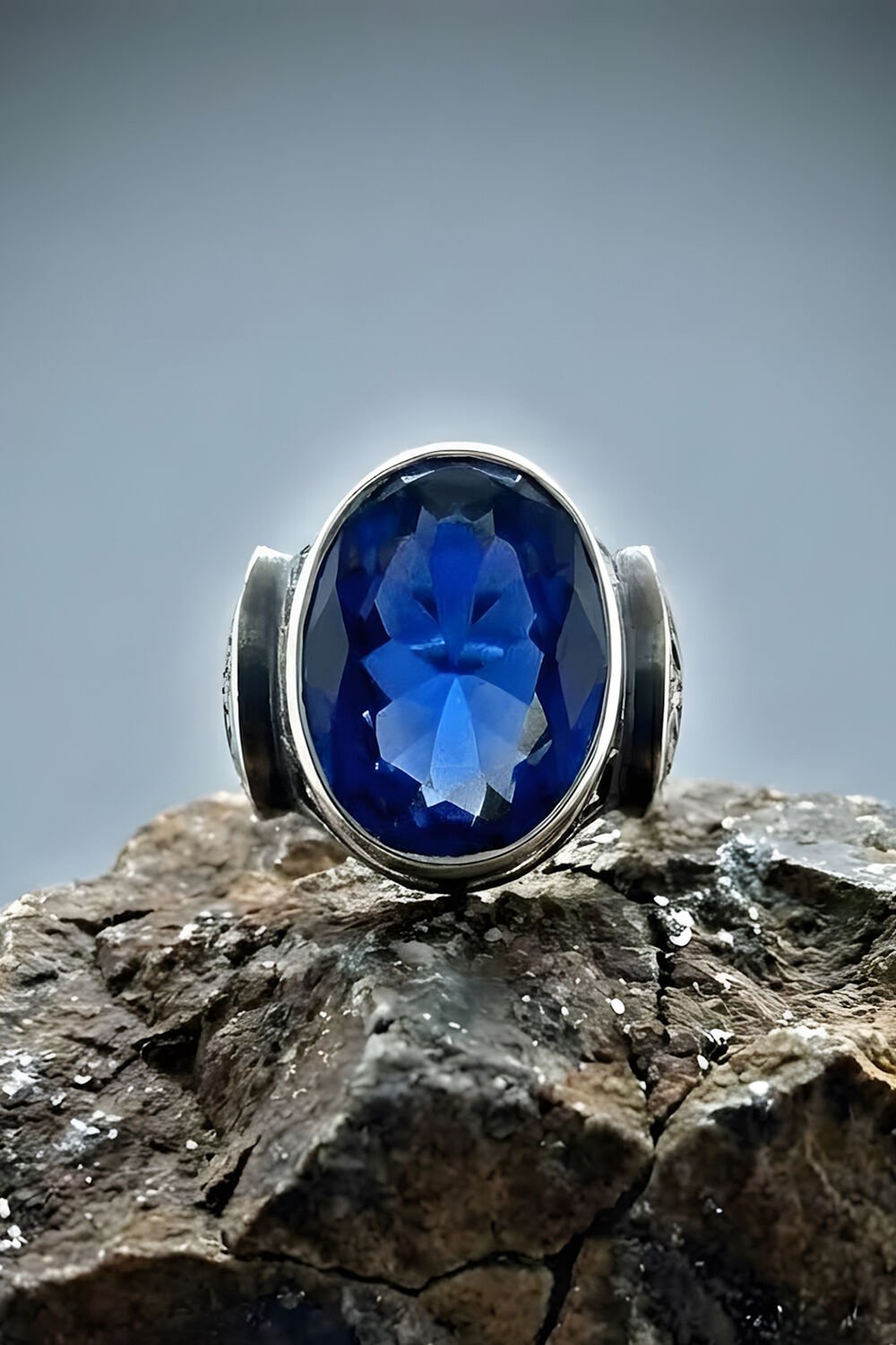 Erzurum Kalem İşçiliği Sultan Model Safir Zirkon Taşlı Erkek Yüzük