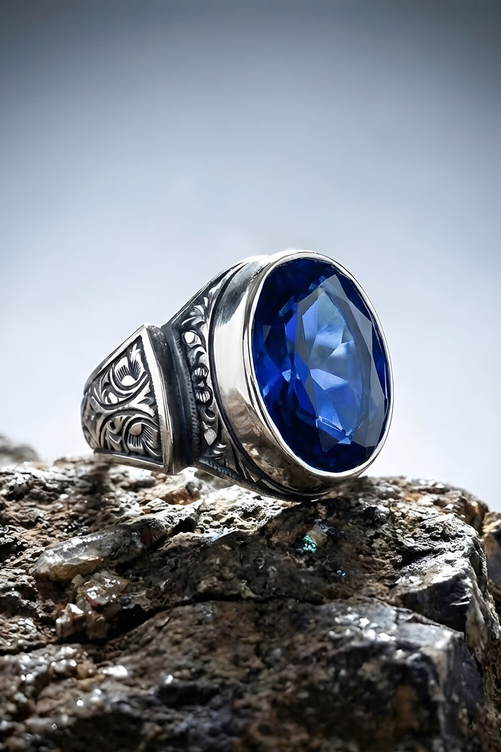 Erzurum Kalem İşçiliği Sultan Model Safir Zirkon Taşlı Erkek Yüzük