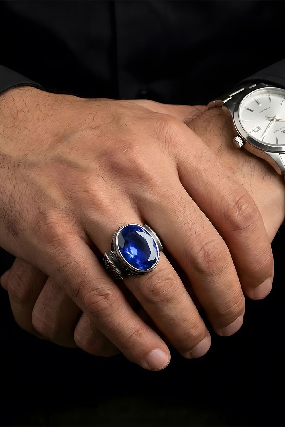 Erzurum Kalem İşçiliği Sultan Model Safir Zirkon Taşlı Erkek Yüzük