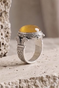 Katre Model Sarı Akik Taşlı Gümüş Erkek Yüzük