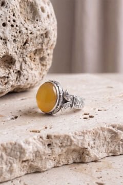 Katre Model Sarı Akik Taşlı Gümüş Erkek Yüzük