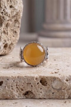 Katre Model Sarı Akik Taşlı Gümüş Erkek Yüzük