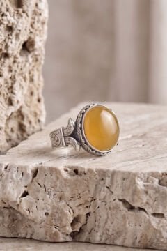 Katre Model Sarı Akik Taşlı Gümüş Erkek Yüzük