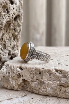 Katre Model Sarı Akik Taşlı Gümüş Erkek Yüzük