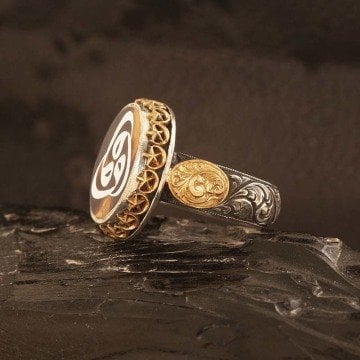 Kalem İşleme 22 Ayar Altınlı Bağa İçine Sedef Üçlü Vav Kakma El İşi Yüzük