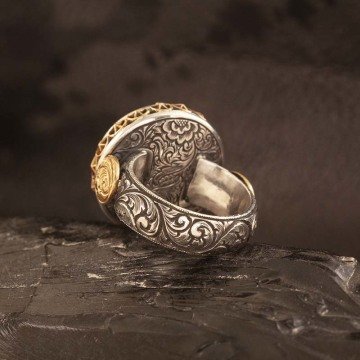 Kalem İşleme 22 Ayar Altınlı Bağa İçine Sedef Üçlü Vav Kakma El İşi Yüzük