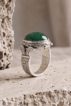 Katre Model Yeşil Akik Taşlı Gümüş Erkek Yüzük