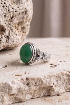 Katre Model Yeşil Akik Taşlı Gümüş Erkek Yüzük