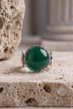 Katre Model Yeşil Akik Taşlı Gümüş Erkek Yüzük