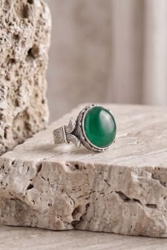 Katre Model Yeşil Akik Taşlı Gümüş Erkek Yüzük