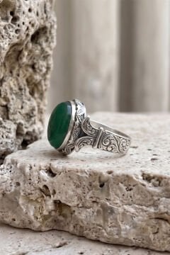 Katre Model Yeşil Akik Taşlı Gümüş Erkek Yüzük