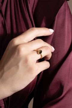 Kaplangözü Taşlı Minimal Gümüş Ayarlanabilir Kadın Yüzük Altın Rengi - 11