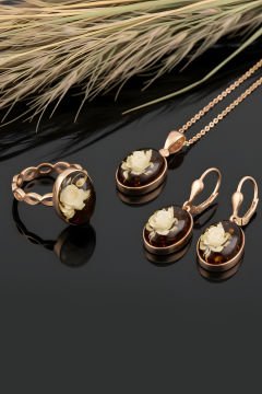 Damla Kehribar İçine Gül Oyma El İşi Gümüş Üçlü Set 11 - Rose Rengi