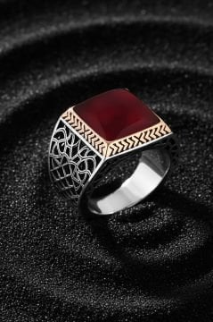 Kare Model Akik Taşlı Gümüş Yüzük