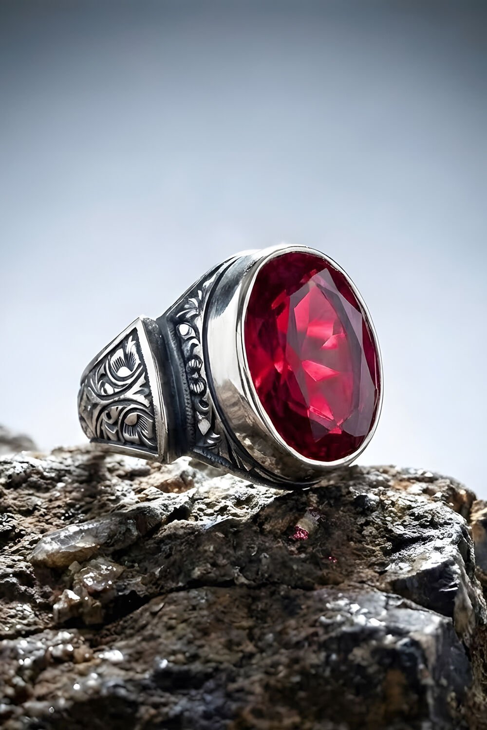 Erzurum Kalem İşçiliği Sultan Model Yakut Zirkon Taşlı Erkek Yüzük